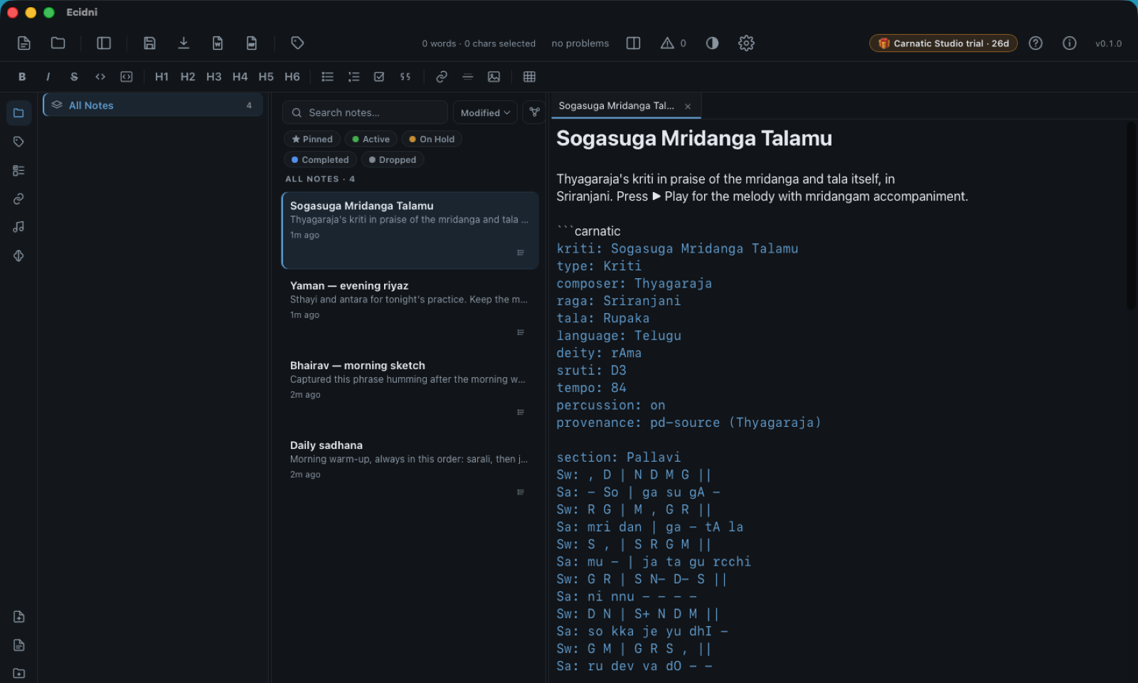 The Ecidni editor in dark theme: a notes list beside a Markdown source pane where a Carnatic kriti’s notation fence is syntax-highlighted, with zero problems reported in the toolbar.